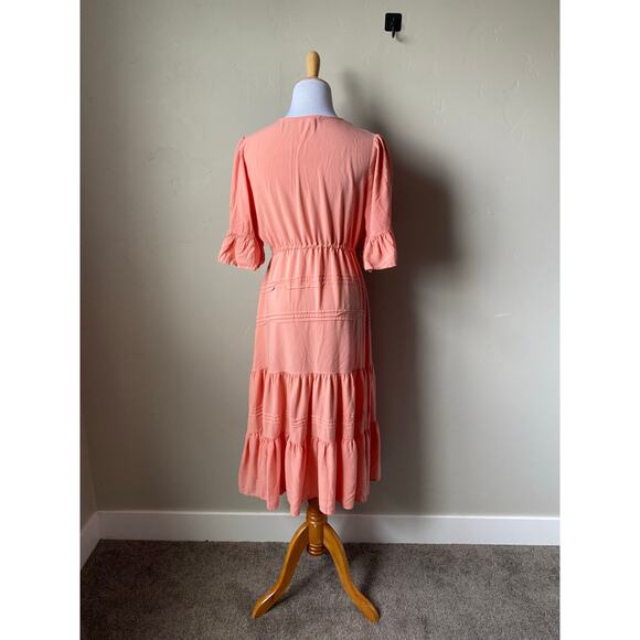 Sweet Salt Salmon Colored Tie Waist Tiered Midi Dress- Size 12 - Picture 2 of 6
